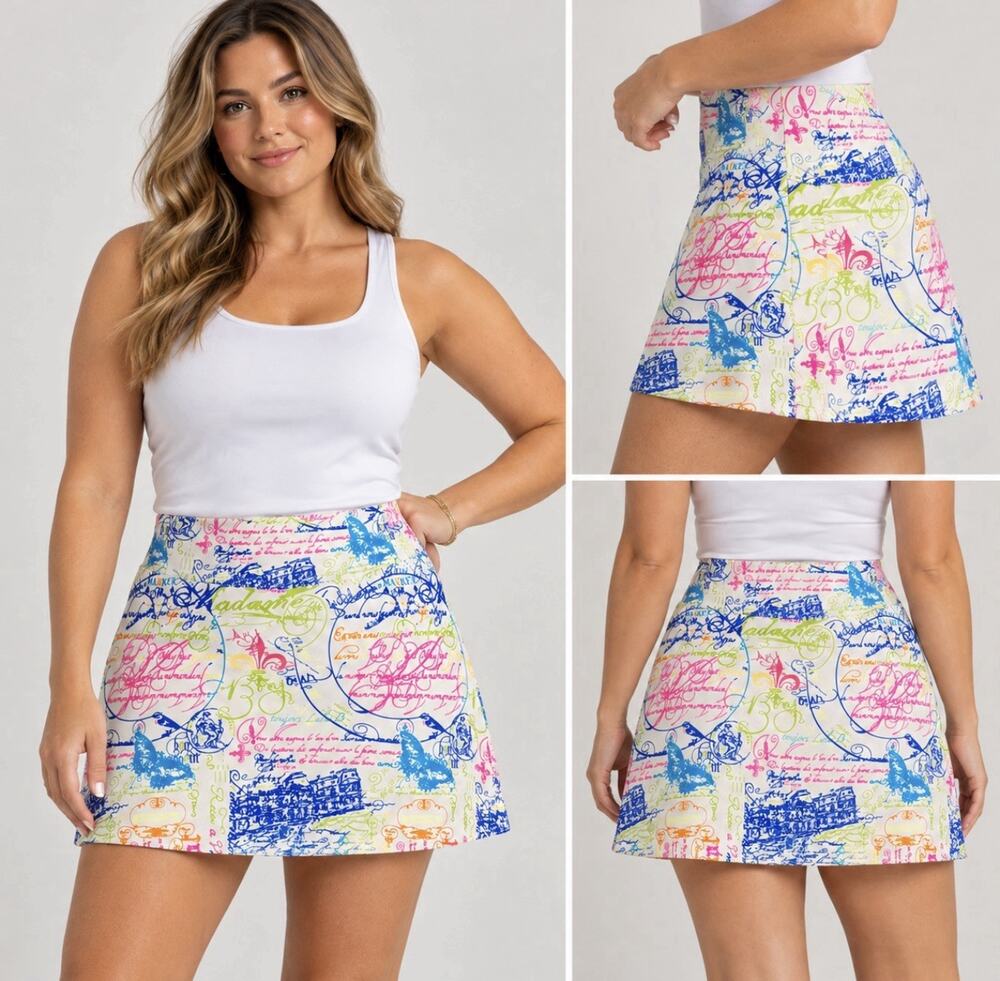 Lulu B Womens Large Skort Colorful French Script Print Stretch Golf Tennis